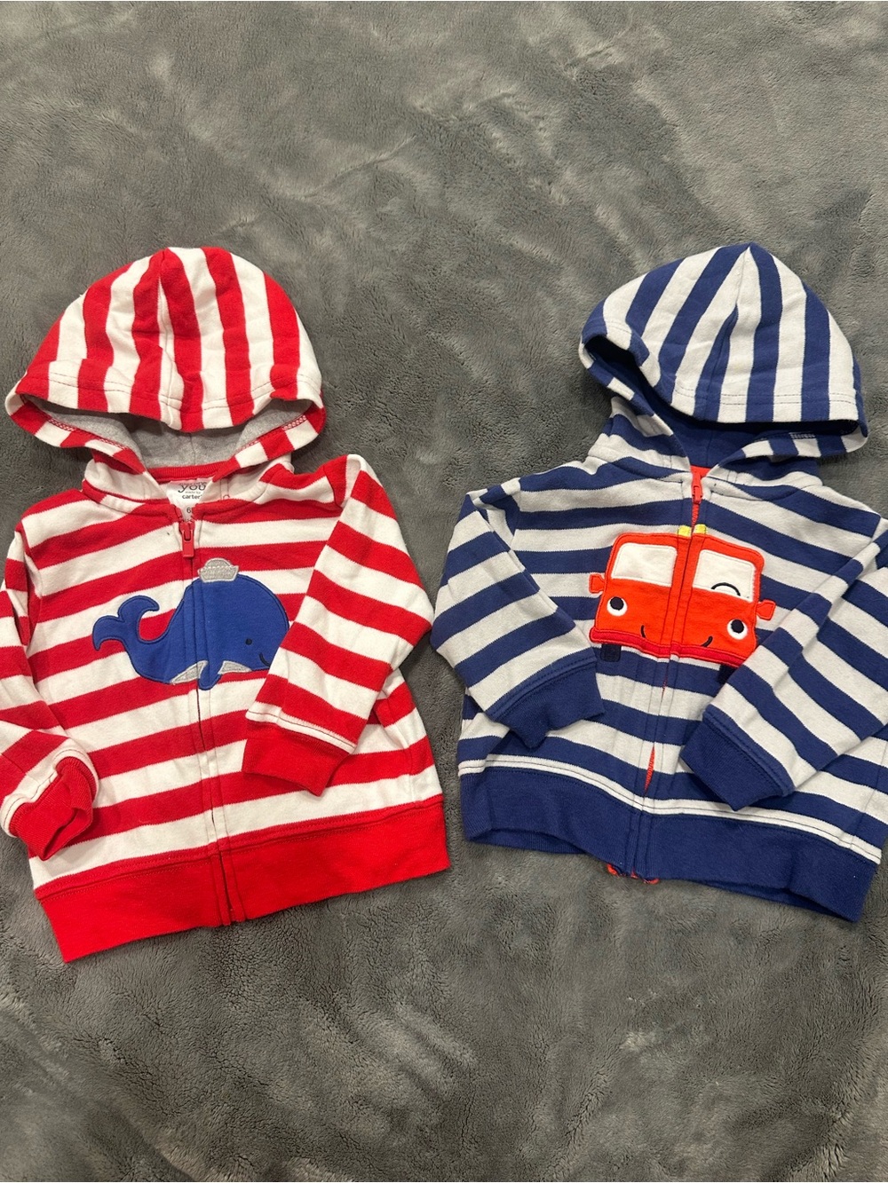 Carter's Striped Hoodies in Red & Blue with Whale and Bus Appliqués